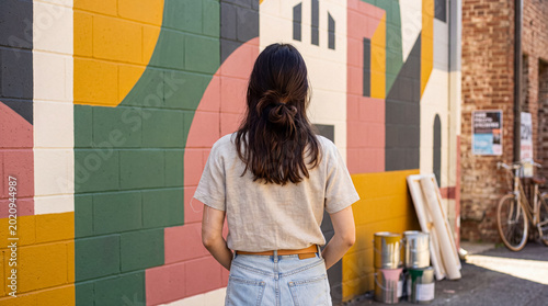 Woman, seen from behind, standing in front of a vibrant, colorful abstract mural on a brick wall outdoors.