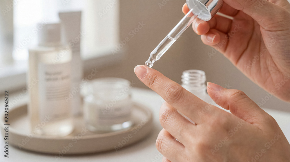 Αυτοκόλλητο Close-up of hands applying clear cosmetic serum from a dropper onto a fingertip, preparing for a skincare routine