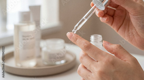 Φωτογραφία Close-up of hands applying clear cosmetic serum from a dropper onto a fingertip, preparing for a skincare routine