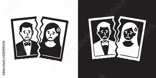 Torn Photograph Silhouette – Man and Woman with Sad Expressions in Black and White Minimalist Style
