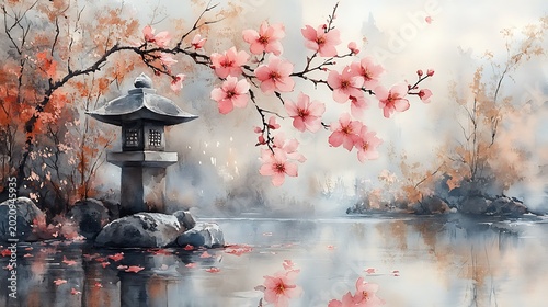 Watercolor japanese garden scene with cherry blossoms and stone lantern