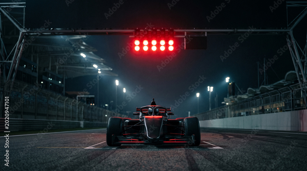Fototapeta premium Formula 1 race car poised for start under bright red lights.