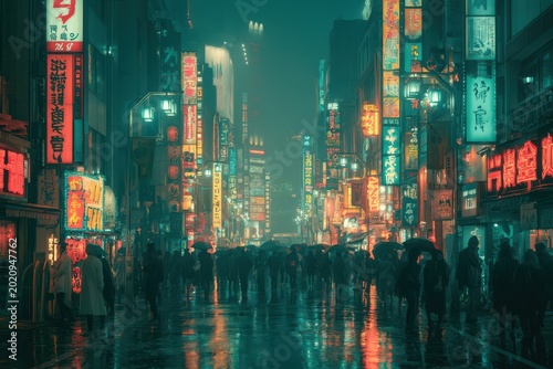 Rainy night in a vibrant Japanese city street filled with neon signs and bustling crowds under umbrellas.