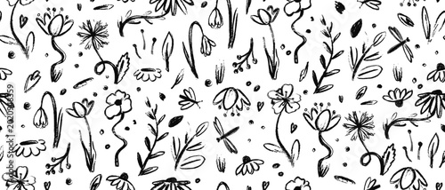 Fotografie Hand drawn wildflowers seamless pattern Black ink botanical sketchy backdrop, fl