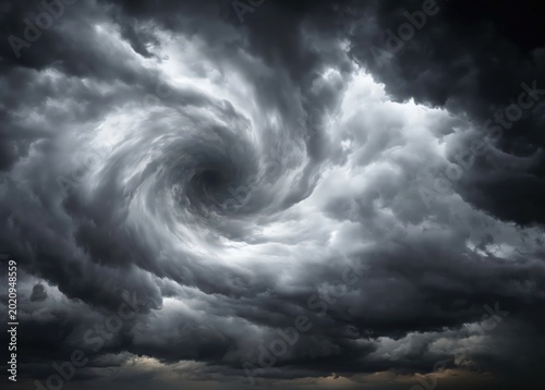 Swirling dark storm clouds form a dramatic vortex in the sky, evoking a powerful natural weather phenomenon.