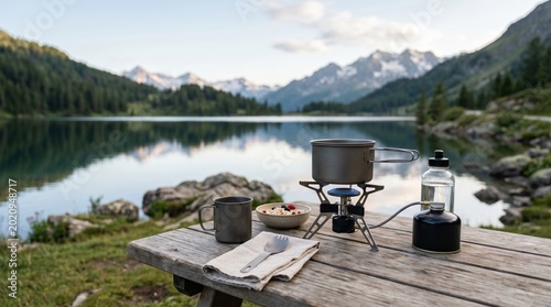 Camping setup with portable stove, cooking pot, and meal on wooden table by serene lake surrounded by mountains and trees in a natural outdoor setting