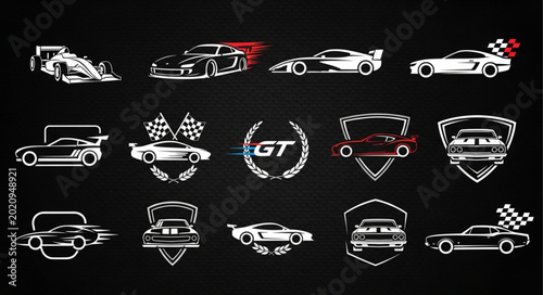 Принти на полотні Collection of racing car emblems and icons on black background.