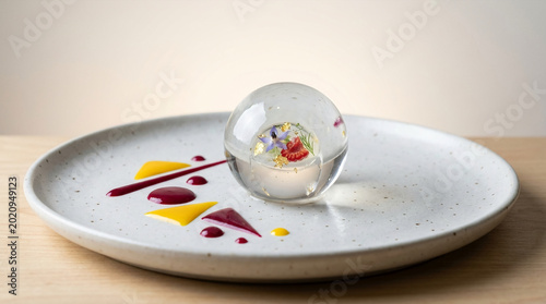 Exquisite culinary art with edible flowers suspended in a delicate gel sphere.