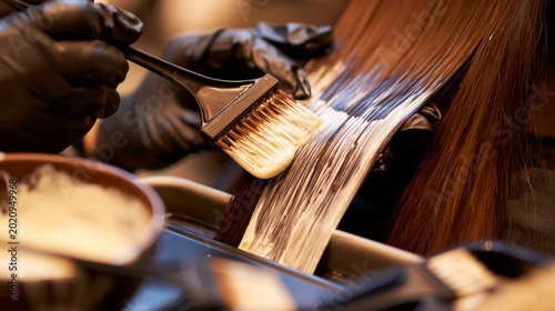 A colorist painting bleach lightener with a flat brush along dark hair in a balayage freehand technique.