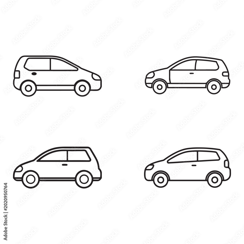 Fototapeta premium Four different side views of minivan cars in simple line art style isolated on white background