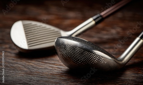 Close-up of Two Golf Club Heads on a Wooden Surface.