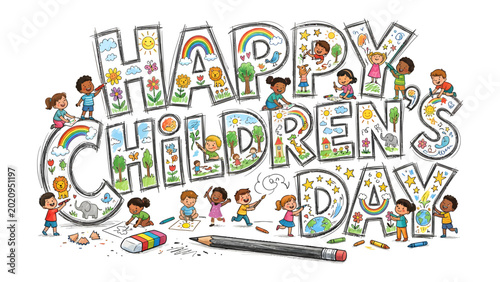 Photos Cheerful Children's Day: Delightful illustration of children's day with cartoonish little children joyfully celebrating in this vibrant and playful scene