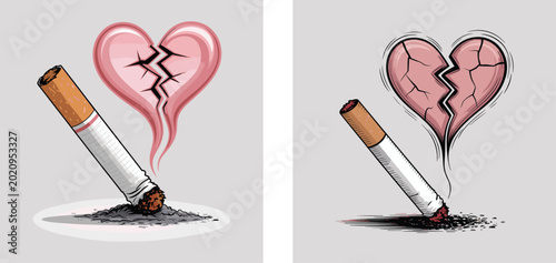 Broken Heart and Cigarette Symbolizing Toxic Love Addiction Illustration