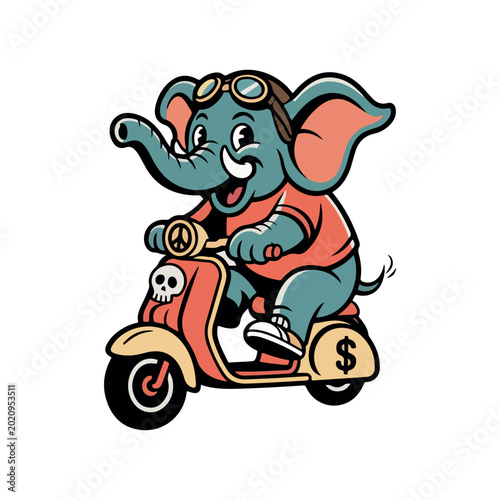 Cute elephant riding a vintage scooter mascot vector illustration