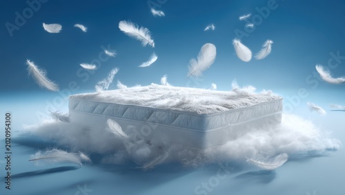 Luxurious Mattress Adorned with Floating Feathers.