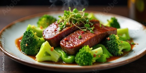 Seared Beef Filet Mignon with Steamed Broccoli and Savory Reduction Sauce on a Rustic Plate