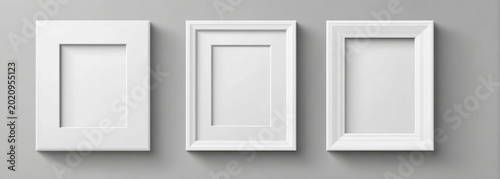 Three white picture frames with different styles on a gray background.