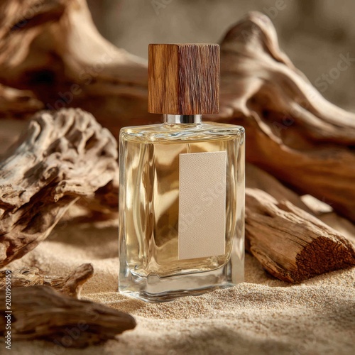 Elegant Perfume Bottle with Natural Wood Accents on Sandy Beach.