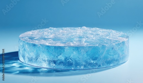 A Clear Ice Block with Crushed Ice Texture on a Blue Background.
