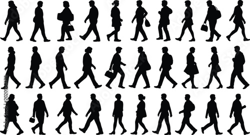 Fotografie Diverse walking people silhouettes collection isolated on light background urban