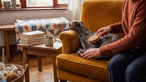 Fotografie Person gently brushing a calm greyhound dog resting comfortably on a mustard armchair in a warm home interior