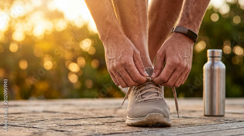 Картината върху платно Close-up of male hands tying shoelaces on running shoes, preparing for an outdoor workout during golden hour