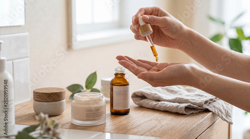 Obraz na płótnie Hands applying natural essential oil serum from a dropper bottle into palm, part of a luxurious beauty routine