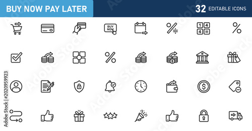 Set of 32 outline icons related to Buy now Pay Latter. Icon collection. Editable stroke. Vector illustration