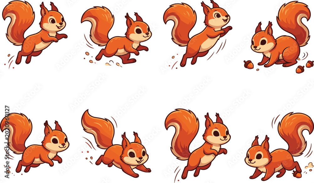 Obraz premium Playful Running Squirrel Vector Character Set Pack Illustrating Fast Movements Jumping Leaping And Gathering Scattered Little Acorns Across Forest Environments