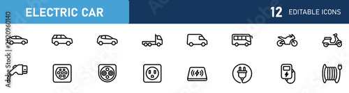 Set of 12 outline icons related to electric car. Icon collection. Editable stroke. Vector illustration
