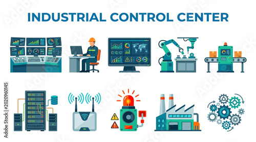 Industrial Control Center with Operator Dashboard Robot Arm Factory and Safety Alarm Systems