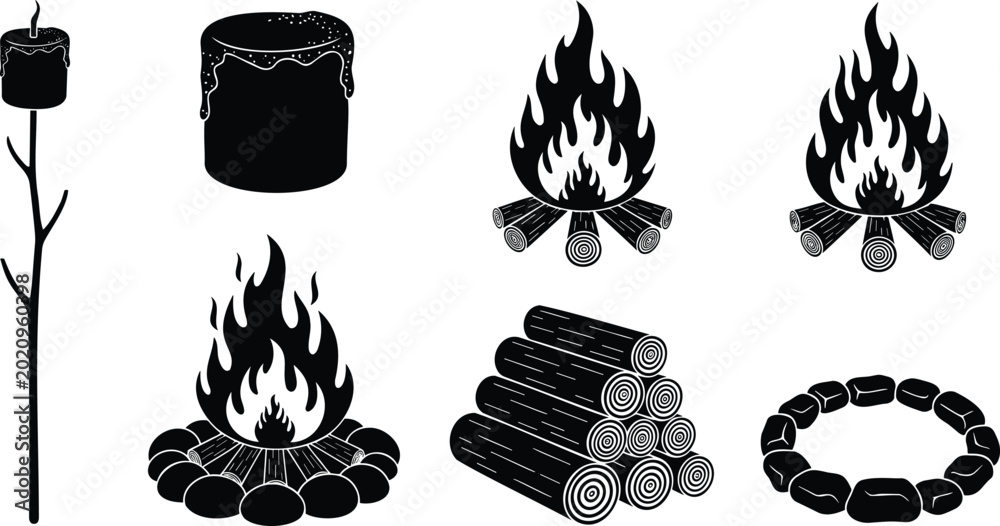 Φωτογραφία Campfire vector silhouette illustration set, wood logs and marshmallow over fire line art