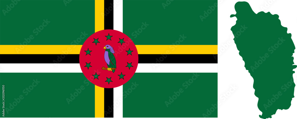 Φωτογραφία National Flag a of Dominica Featuring a Green Field with a Three-Colored Cross and a Red Central Disk Containing a Sisserou Parrot Surrounded by Ten Green Stars