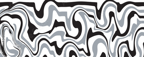 Black and white striped liquid paint effect vector seamless pattern. Psychedelic wavy moving fluid background.