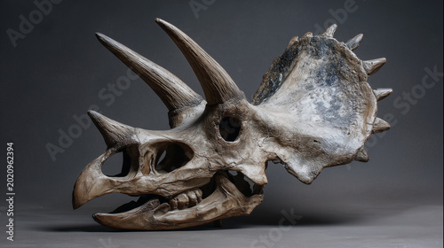 Detailed triceratops skull fossil with dramatic lighting on dark background for paleontology education, prehistoric themes and museum exhibition design	
