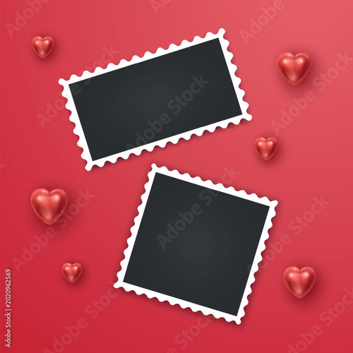 Valentine's Day greeting background with two blank scalloped photo frames and realistic 3D red hearts on red background