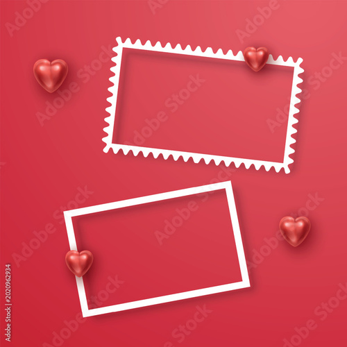 Valentine's Day greeting background with two blank scalloped photo frames and realistic 3D red hearts on red background
