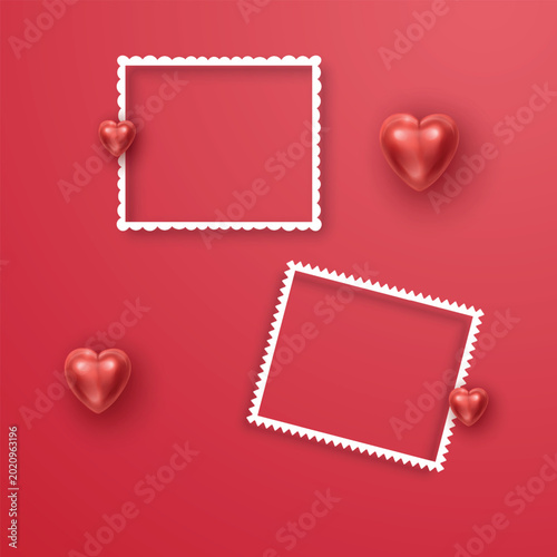 Valentine's Day greeting background with two blank scalloped photo frames and realistic 3D red hearts on red background