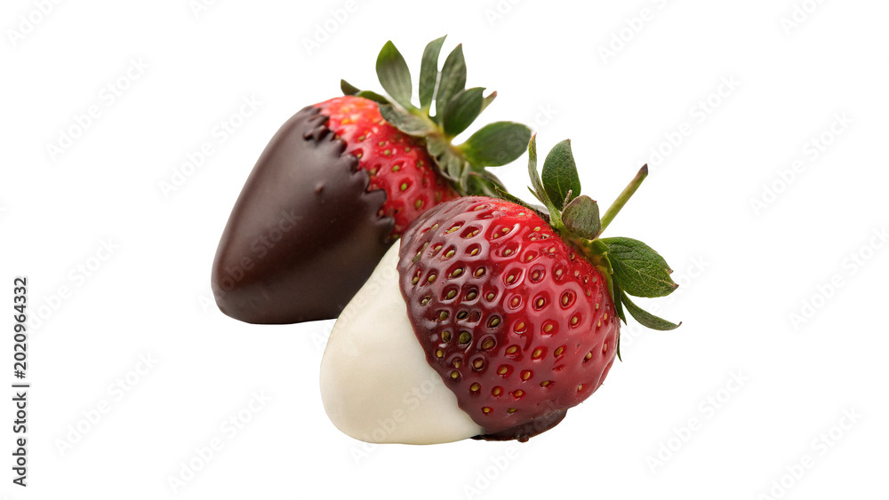 Αυτοκόλλητο Two delicious sweet fresh strawberries dipped halfway into dark and white chocol