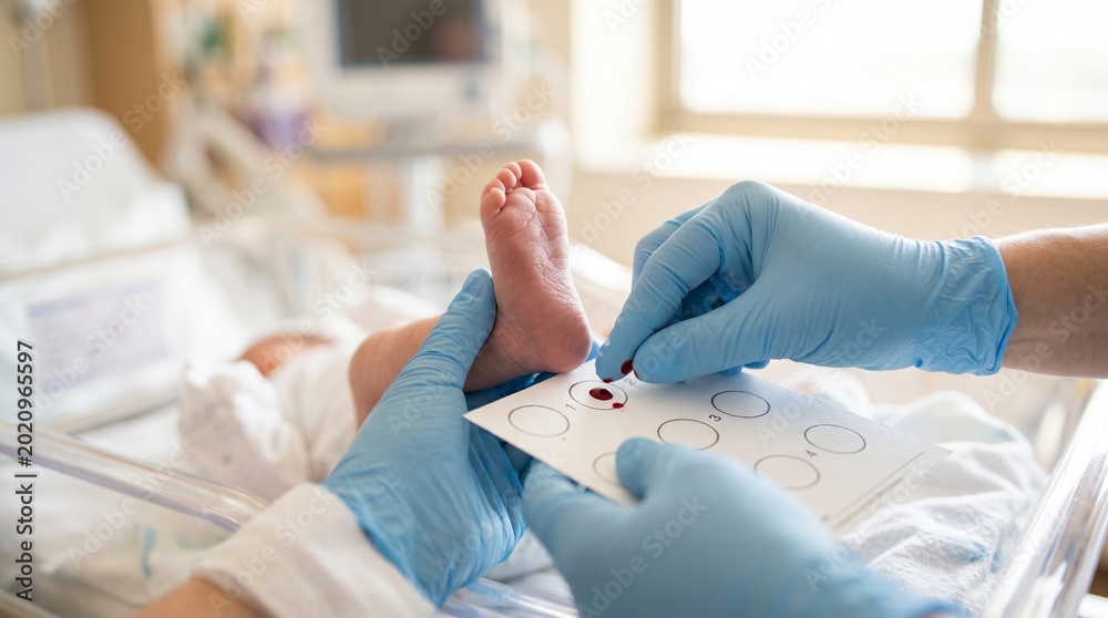 Fototapeta premium Medical professional performing newborn heel prick blood test in hospital
