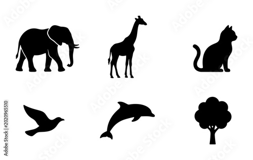 Photography Six Silhouette Icons: Elephant, Giraffe, Cat, Bird, Dolphin, Tree