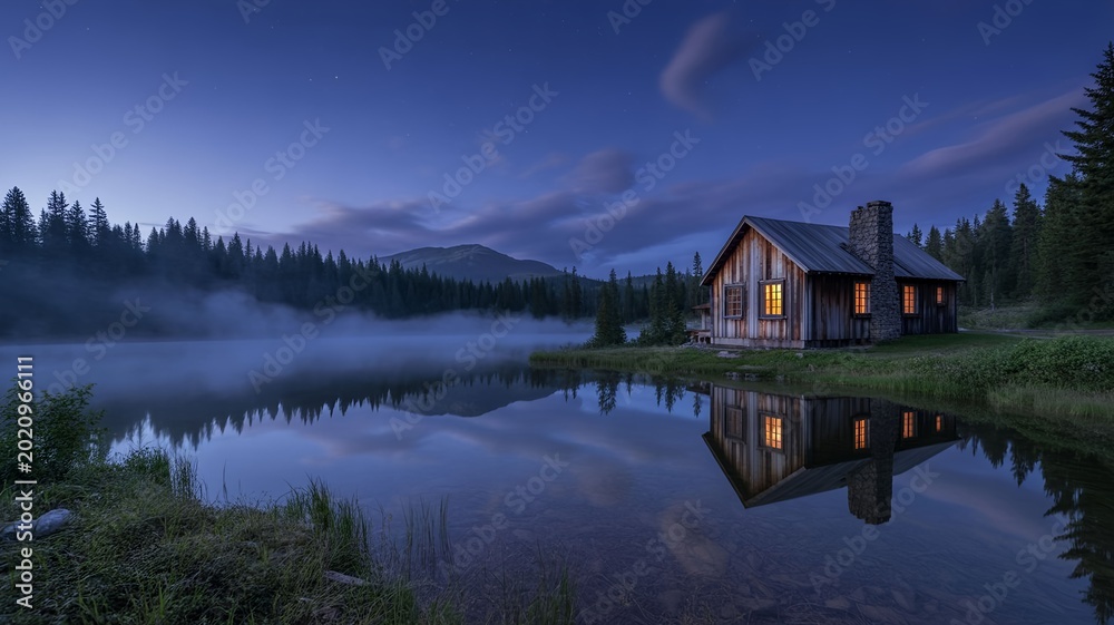 Fototapeta premium Serene Lakeside Cabin Reflection Under Twilight Sky.