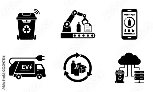 Smart Recycling Icons Set: Waste Management, Automation, EV Truck, Circular Economy, Digital Cloud Integration