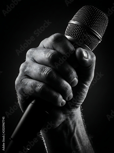 Microphone Grip: A gripping close-up captures a hand firmly clutching a microphone, bathed in dramatic light and shadow. The image evokes a sense of intensity, control, and the power of voice.