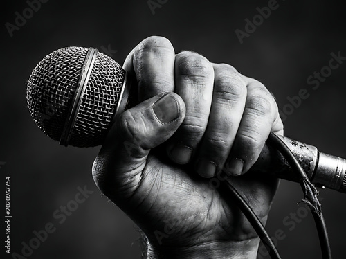 Vocal Performance: An intense black and white capture of a clenched fist gripping a vintage microphone, exuding the raw energy and power of live music and performance.