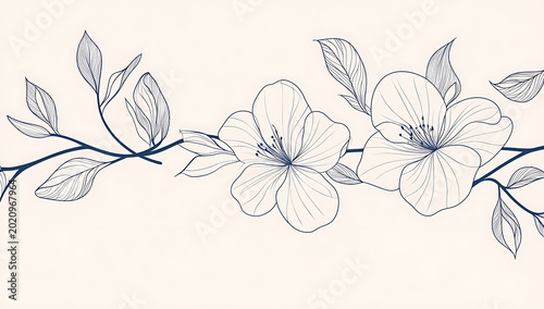 薄いベージュの背景に描かれた、繊細な線画で表現された花と葉のボタニカルな装飾模様、エレガントでシンプルなラインアートスタイルのグラフィックデザイン素材のイラストレーション flowers leaves