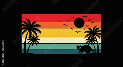 Retro raccoon palm trees sunset