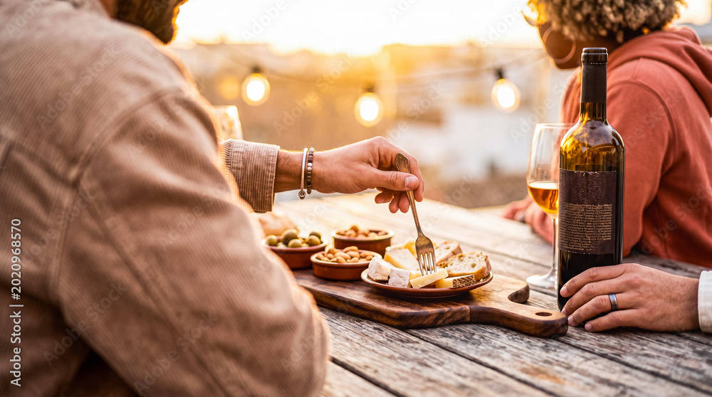 Φωτογραφία Diverse couple enjoying a romantic evening outdoors, sharing wine and appetizers on a cozy rooftop terrace at sunset