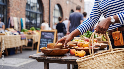 Bild auf Leinwand Young black woman hand picking fresh peaches from a wooden bowl at a vibrant outdoor farmers market during daytime
