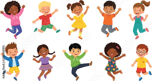 Obraz na plátně Happy jumping kids vector set with funny children playing in energetic action po